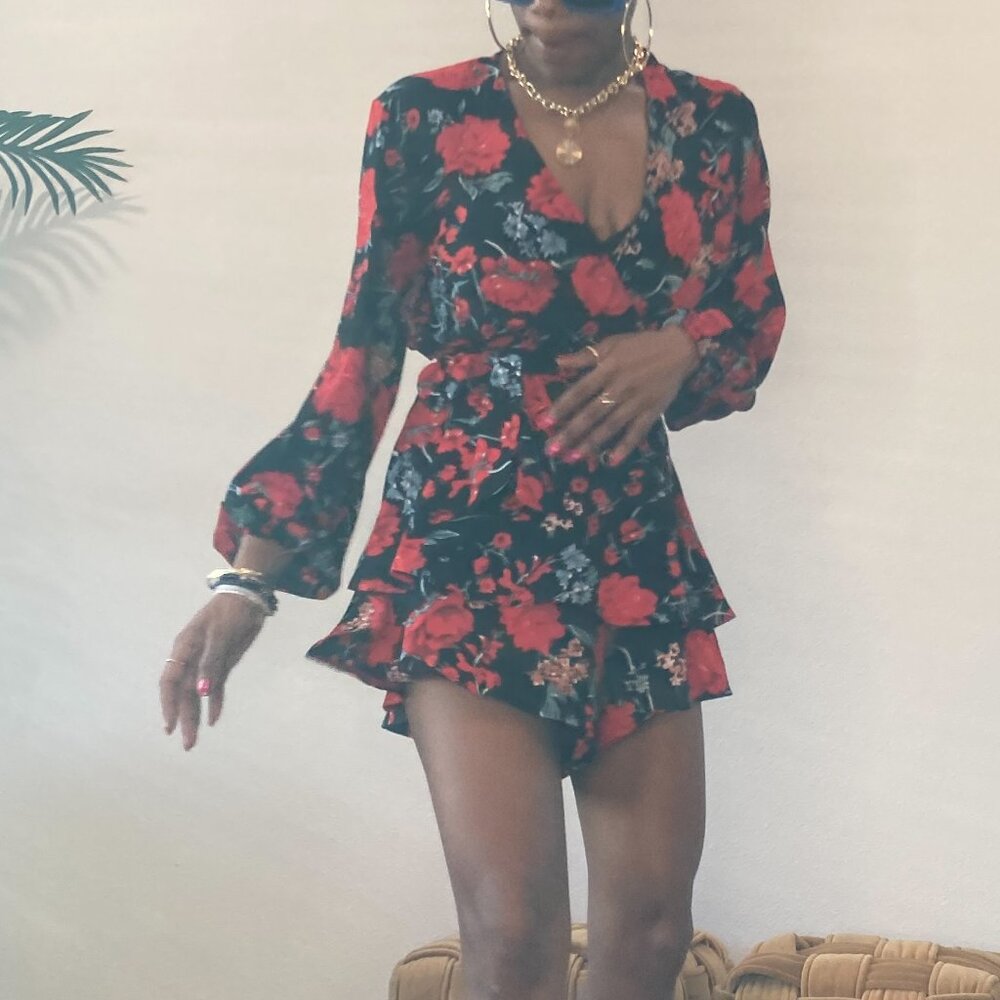 Chic Black Romper Dress with Blue and Red Floral Pattern
